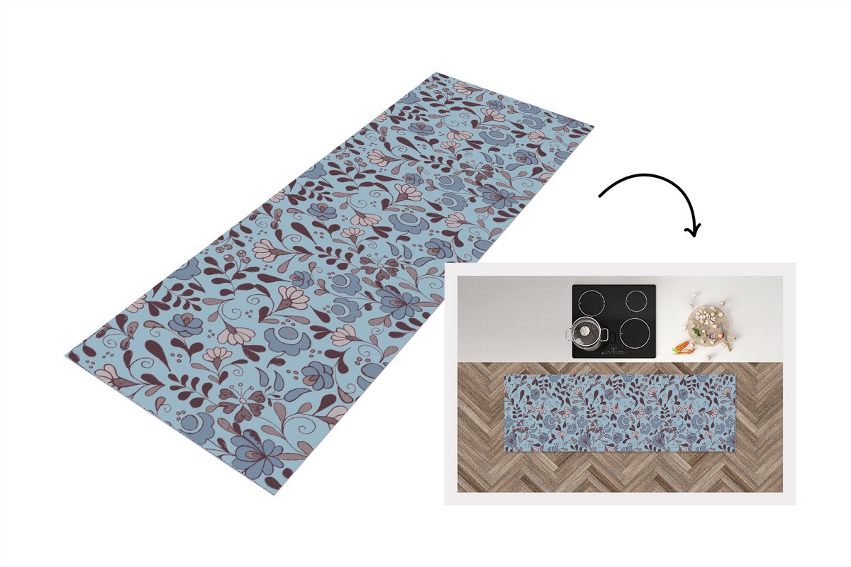 KitchenYeah Keukenloper 180x60 cm - Keukenmat vinyl Patroon - Bloem - Grijs - Blauw - Keukenmatten loper - Keuken vloerkleed tapijt