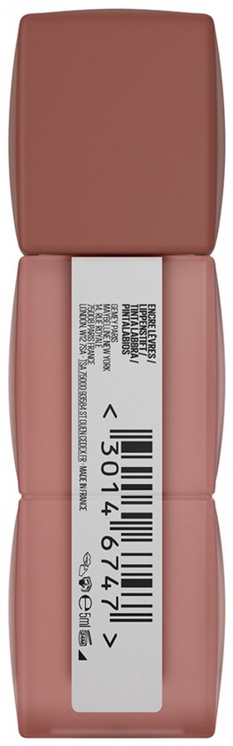 Bruin getinte lippenstift met productinformatie en streepjescode.