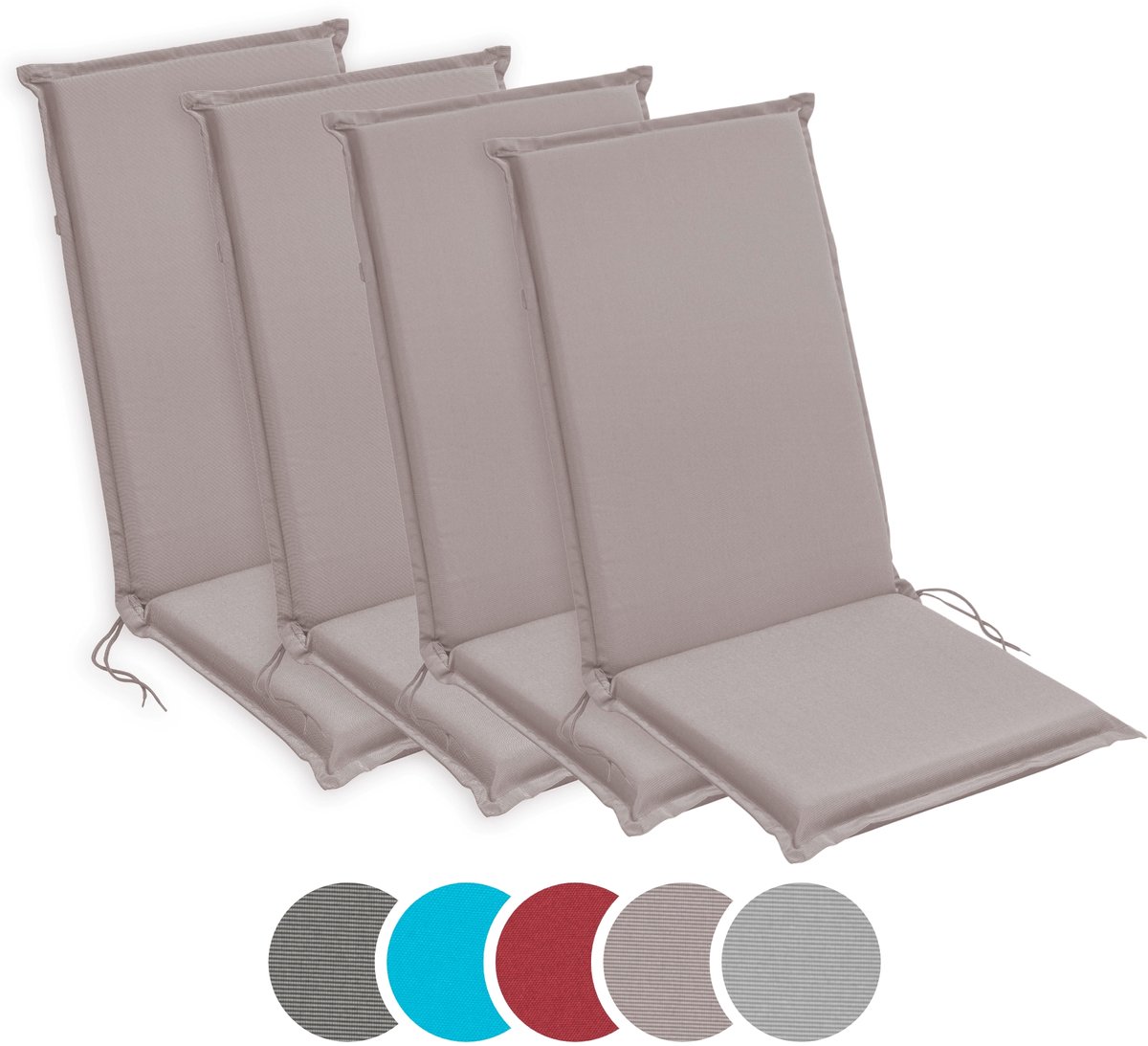 sleepling 50 x 120 cm Outdoor stoelkussen met hoge rug | set van 4 | zitkussen voor tuinstoel | met bevestigingsbanden | Made in EU | afneembare hoes van polyester, wasbaar op 30 graden | taupe