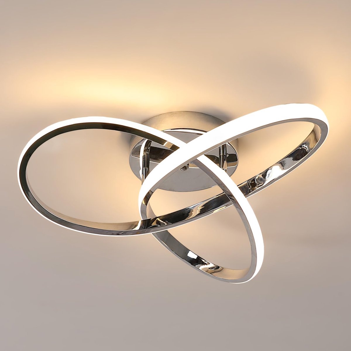 Moderne LED-plafondlamp, creatief design, aluminium kroonluchterlamp voor keuken, woonkamer, slaapkamer, eetkamer (zilver, 48W, warm wit licht, 3000K)