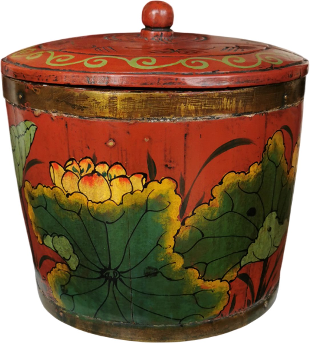 Fine Asianliving Antiek Chinese Wooden Handpainted Rice Container with Lid Red D25xH25cm