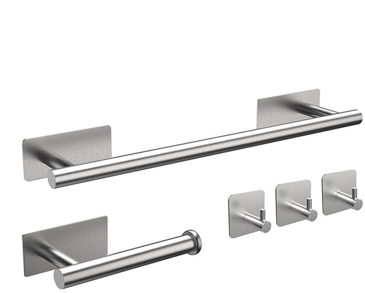 CHIWIN Badkamer Accessoires Set - 5 Delig RVS Badkamer Set - Haak,Handdoekrek en Toiletrolhouder - Roestvrij Staal Wandmontage - Duurzaam en Ruimtebesparend