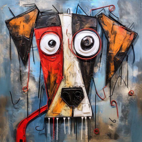 K&C Art (Aluminium schilderij) 60x60cm | Gekke kwijlende hond - dier - blauw - rood - zwart - wit - bruin - grappig - kunst | Woonkamer - slaapkamer - hal - kantoor | Foto schilderij print op dibond - wanddecoratie - muurdecoratie - wall art