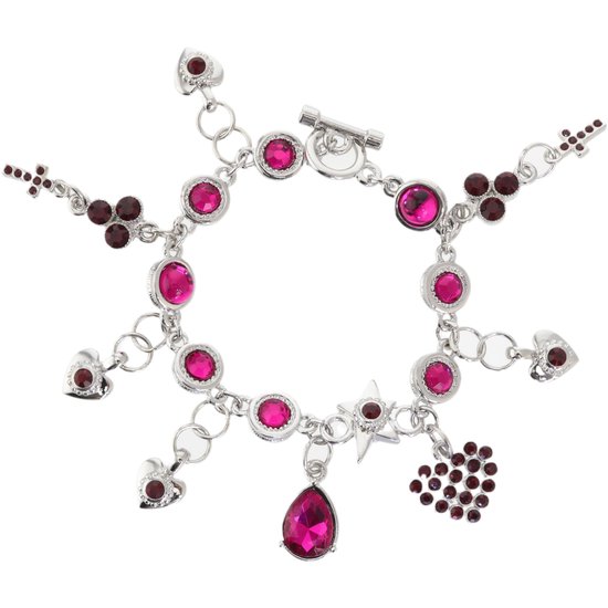 Zilverkleurige armband met roze en donkerrode steentjes, bedels van hartjes, kruisjes, ster en een druppelvormige steen.
