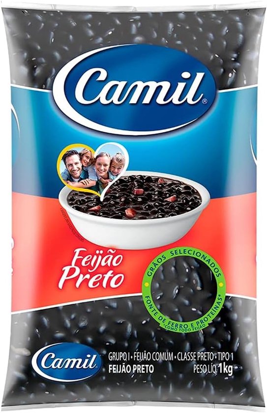 Camil Feijão Preto 1 kg met Kajal-sticker, hoogwaardige zwarte bonen uit Brazilië, perfect voor traditionele gerechten zoals feijoada en salades, vezelrijk, veganistisch en glutenvrij