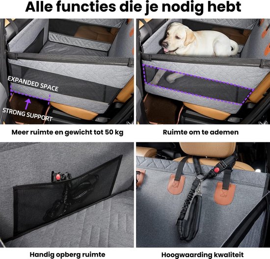 Grijze hond autostoel, uitbreidbaar, met opbergvak en bevestigingsriem. Labrador op de achtergrond.