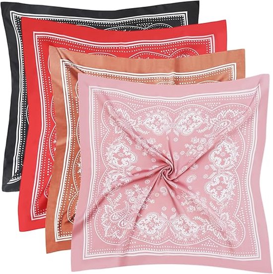 Stapel van vier vierkante sjaals in roze, bruin, rood en zwart, met wit paisley-patroon.
