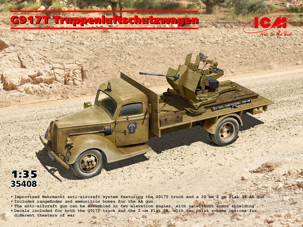 ICM Modelbouwpakket Auto - 35408 Ford G917T Truppenluftschutzwagen - met 20mm 2cm Flak 38 Luchtafweerkanon - Vrachtwagen Plastic - 1:35 - Modelbouw