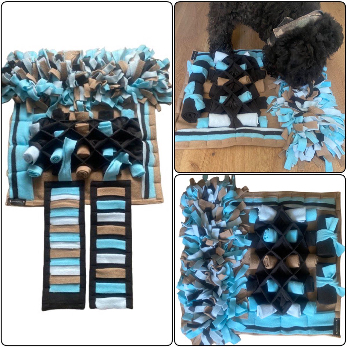 Snuffelmat voor honden en katten. Snuffelmat Challenge in de kleuren zand/felblauw/lichtblauw/antraciet. Hersenwerk voor huisdieren. MadeByShuko. Snuffelkleed-Speelkleed-Voerkleed-Hondenpuzzel-Voerpuzzel-Slowfeeder-Intelligentie speelgoed hond/kat