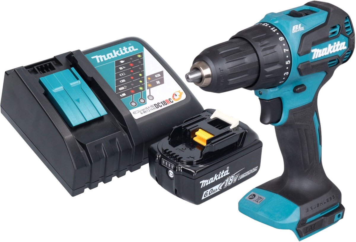 Makita DHP 490 RG1 accu klopboormachine 18 V 65 Nm borstelloos + 1x accu 6.0 Ah + lader