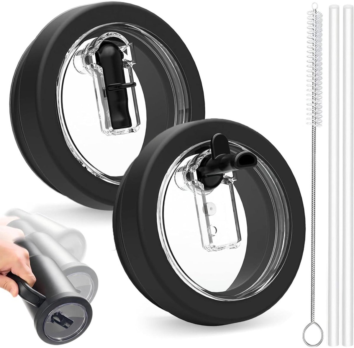 Allecto Premium - Lekvrij herbruikbaar siliconen deksel voor beker van 100 ml - 2 rietjes - Rietjesborstel - Accessoires - 2 stuks zwart.
