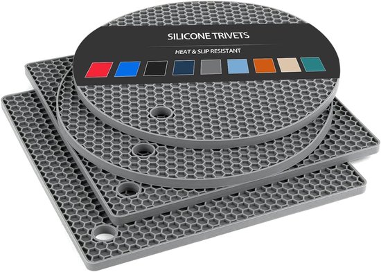 Grijze, hexagonale siliconen onderzetters, stapelbaar. Inclusief een kaart met gekleurde stalen.