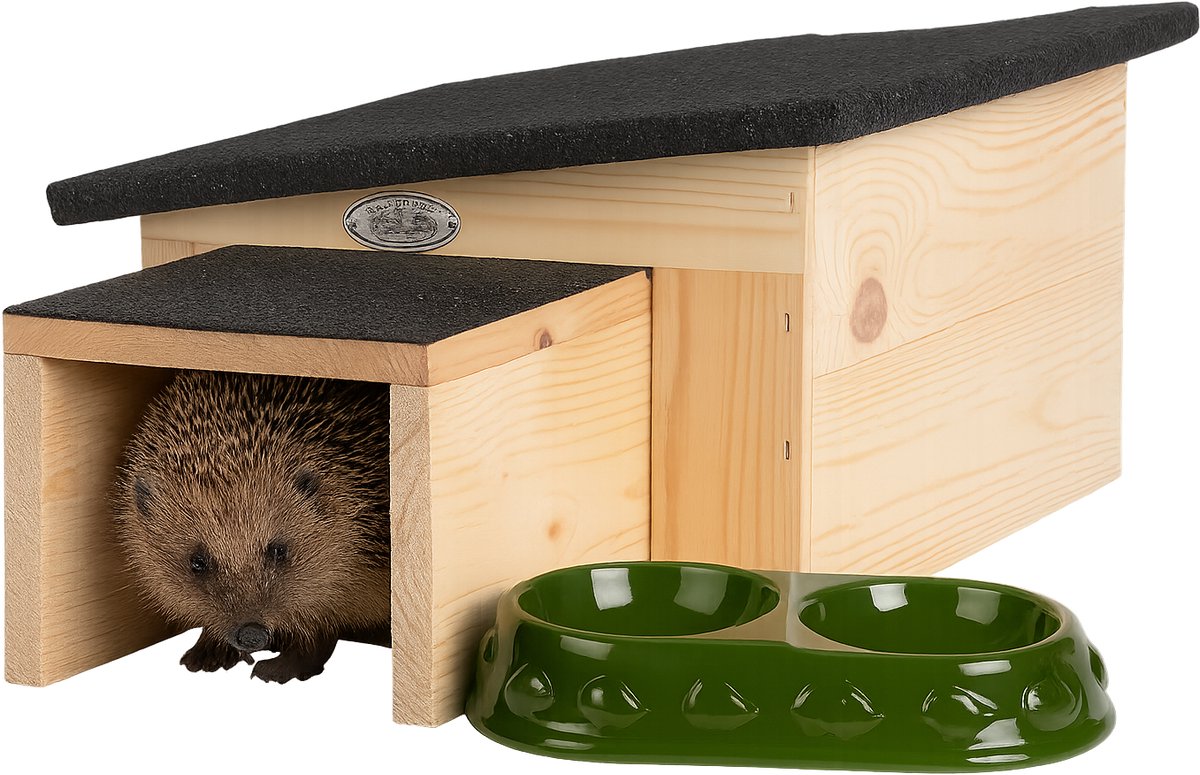 Esschert Design Egelhuis + Voeder- en drinkschaal – 2-delige Set voor egels – Houten schuilplek + voerbakje – weerbestendig