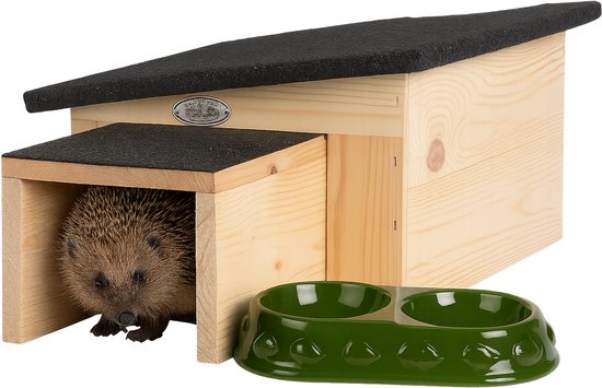 Esschert Design Egelhuis + Voeder- en drinkschaal – 2-delige Set voor egels – Houten schuilplek + voerbakje – weerbestendig