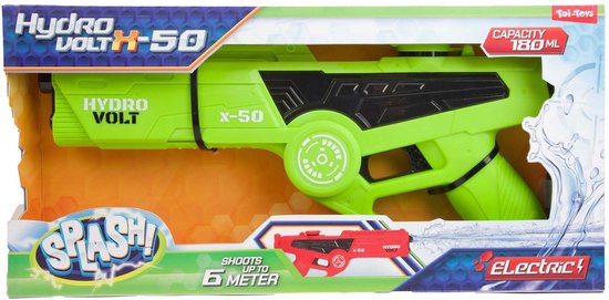 Groen en zwart 'Hydro Volt X-50' waterpistool in verpakking, 'Splash' en 'Electric' logo.