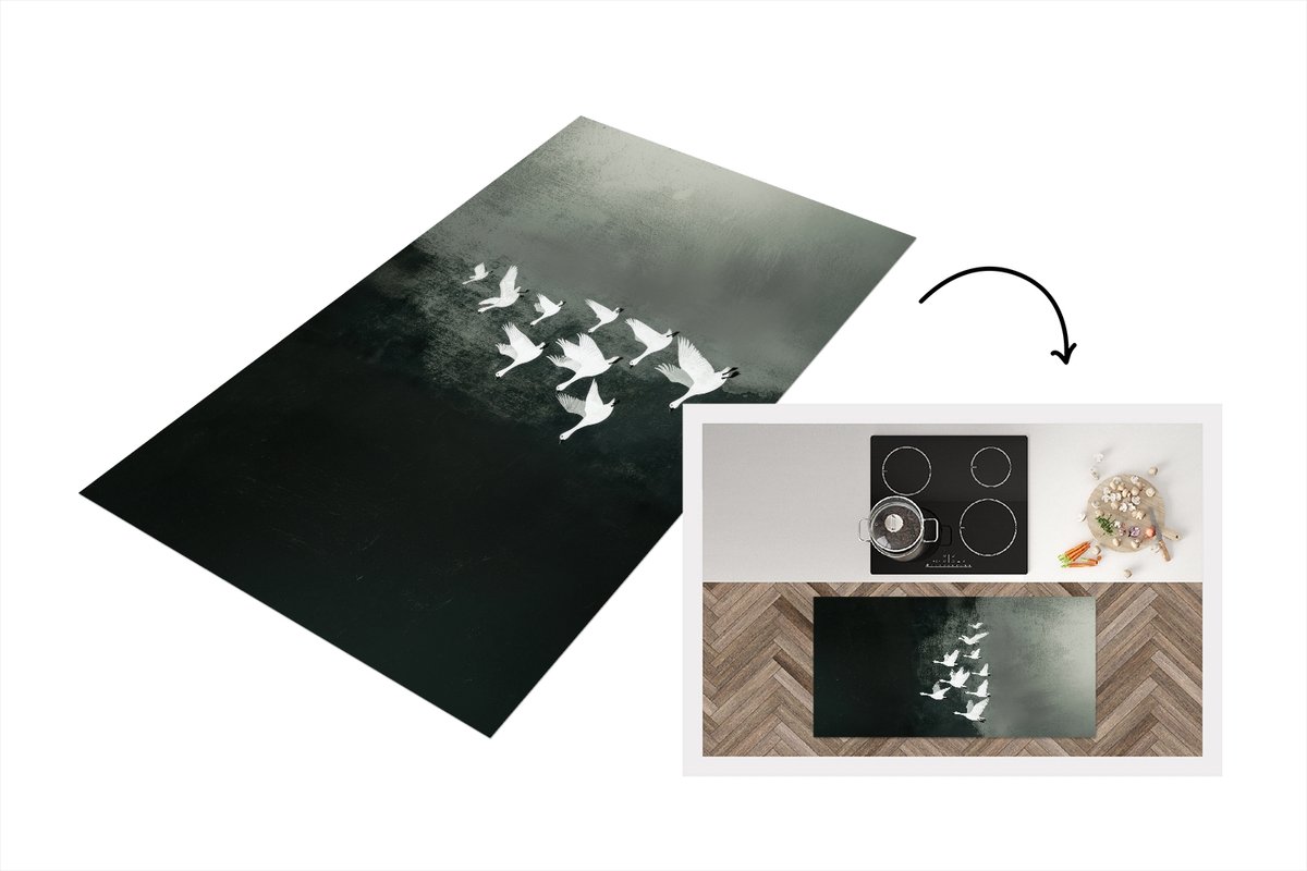 KitchenYeah Keukenloper 120x60 cm - Keukenmat vinyl Vogel - Japandi - Groen - Keukenmatten loper - Keuken vloerkleed tapijt Vogels