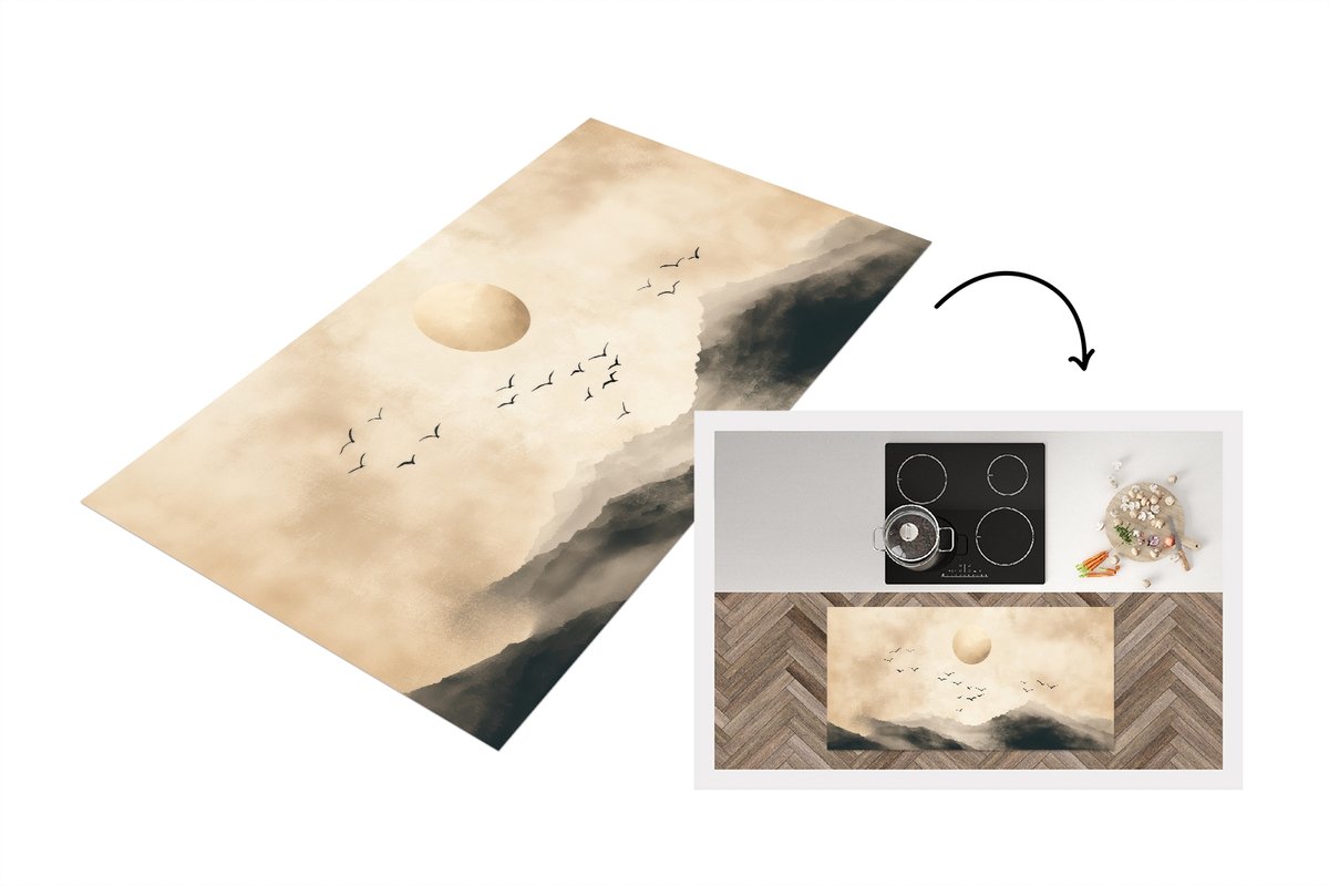 KitchenYeah Keukenloper 120x60 cm - Keukenmat vinyl Landschap - Japandi - vogel - Keukenmatten loper - Keuken vloerkleed tapijt