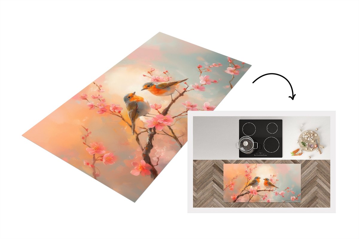 KitchenYeah Keukenloper 120x60 cm - Keukenmat vinyl Roodborstjes - Sierlijk - Bloesemtak - Keukenmatten loper - Keuken vloerkleed tapijt Vogels - Bloemen