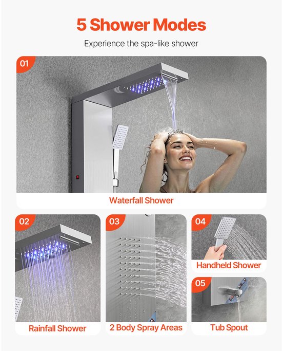Douchepaneel met 5 douchemodi: regen, waterval, 2 lichaamssproeiers, handdouche, baduitloop. Ledverlichting boven.