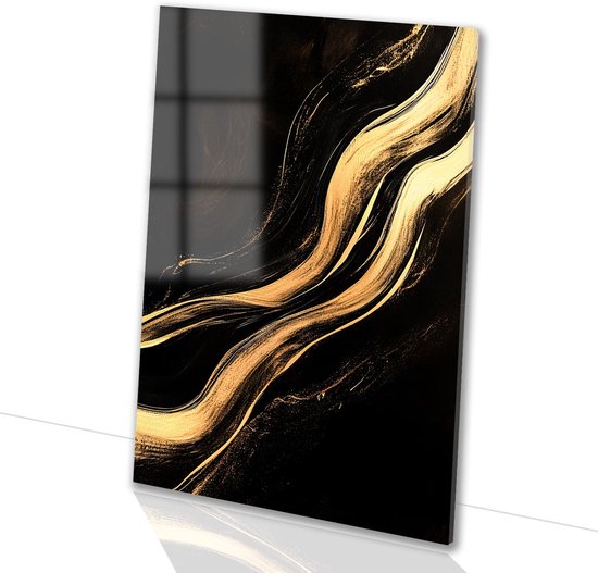 Elegante gouden lijnen op zwart - Abstract glas schilderij - Wanddecoratie goud - Abstracte kunst - Kunst op acrylglas - Klassiek schilderijen - Glasschilderij 80x120 cm