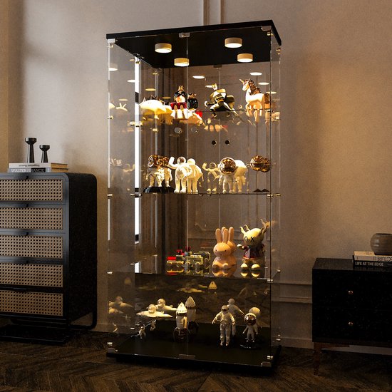 BPKADHY Vitrine van glas, 4 planken, 164 x 42,5 x 36,5 cm, vitrinekast van glas met 7 RGB-kleuren en 1 deuren, slot, vitrines voor collectie, transparant, staande glazen kast voor woonkamer, zwart