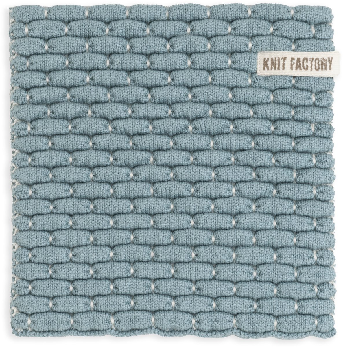 Knit Factory Gebreide Onderzetter Block - Pannenonderzetter - Hittebestendig - Onderlegger pannen - Tafel onderzetter - Opvouwbaar - Ecru/Stone Green - 20x20 cm - 1 stuk verpakt