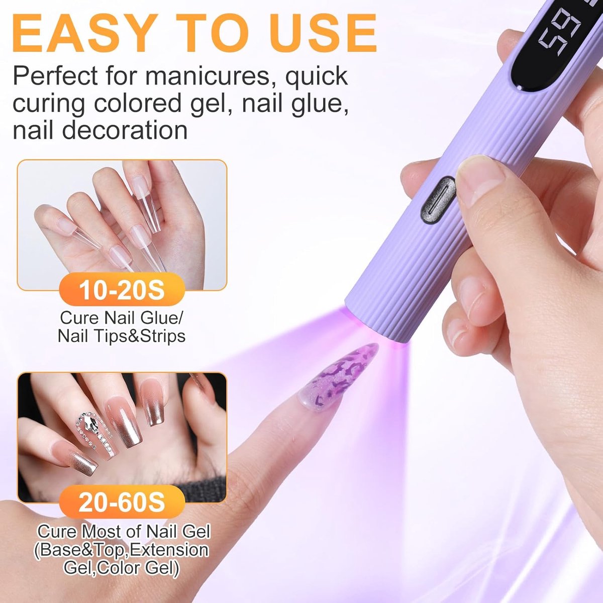 Draagbare UV-lamp voor gelnagels, paarse mini-UV-lamp voor nagels, draadloze nagellamp, oplaadbaar met led-display, lamp voor decoratie met strass-lijm, doe-het-zelf thuis — cadeau in Verzorging - foto 4