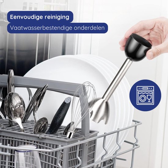 Zilverkleurige staafmixer met zwarte dop in een vaatwasser. "Eenvoudige reiniging, vaatwasserbestendige onderdelen."
