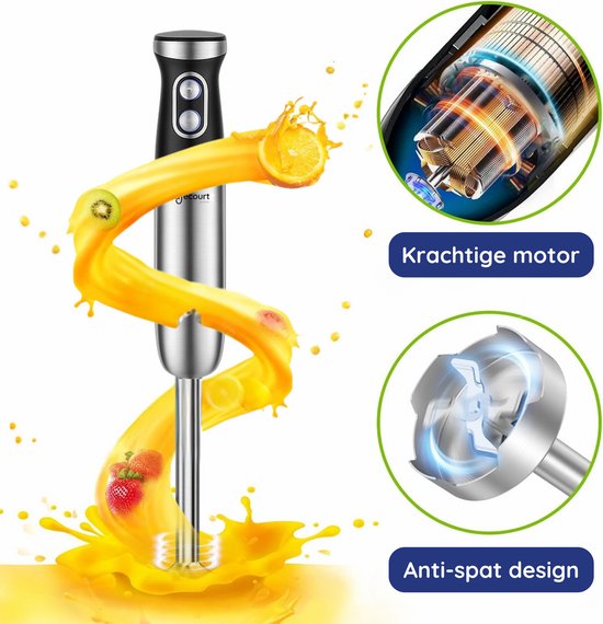Staafmixer met spritzende jus en fruit, met close-up van de krachtige motor en het anti-spat ontwerp.
