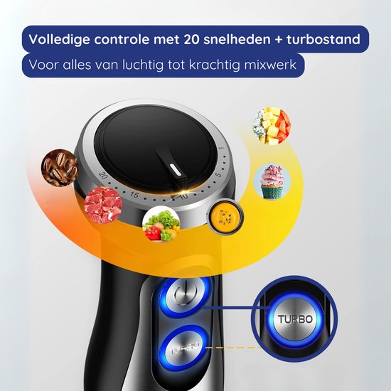 Staafmixer met 20 snelheden en turboknop, met afbeeldingen van voedselmengsels.