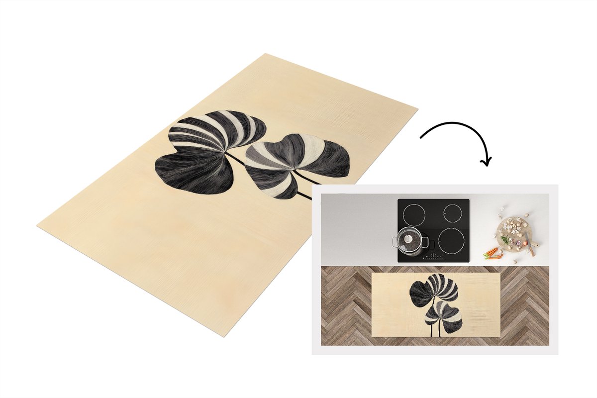 KitchenYeah Keukenloper 120x60 cm - Keukenmat vinyl Zwart - Bladeren - Strepen - Minimalistisch - Keukenmatten loper - Keuken vloerkleed tapijt
