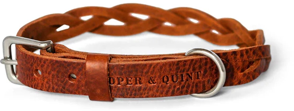 Cooper & Quint Twisted - Halsband hond gevlochten leer - Bruin - Zilver - XS