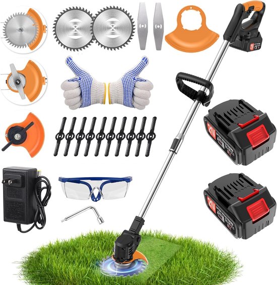 Traumheim®Accu-grasmaaier 21V met 2 accu's en oplader – Grastrimmer – Bosmaaier – Freischneider & Motorsense met telescopische steel + extra handgreep- Zwart, voor Tuin