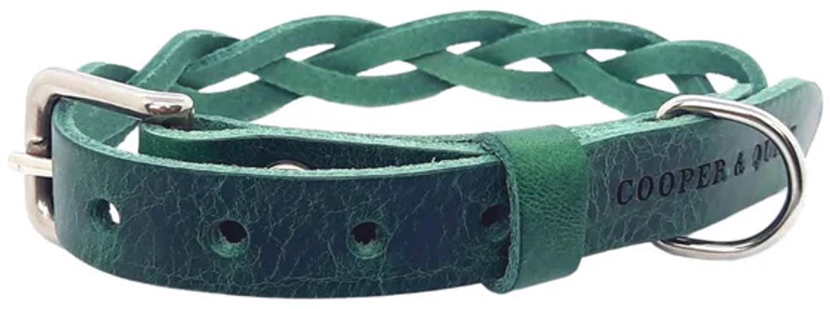Cooper & Quint Twisted - Halsband hond gevlochten leer - Groen - Zilver - Small