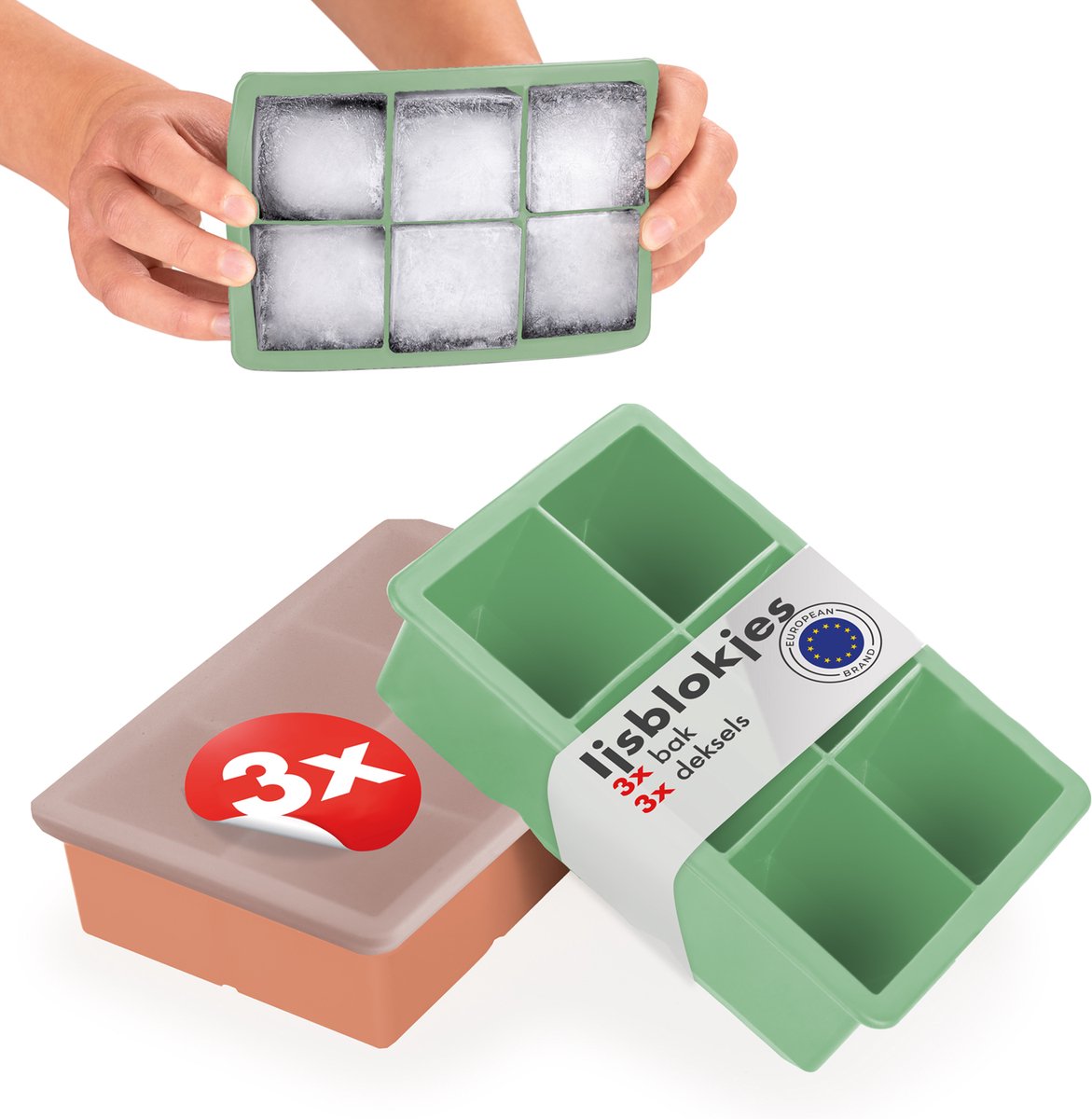 Blumtal IJsblokjesvorm Idun Set van 3 - 6 ijsblokjes - Siliconen ijsblokjesvorm met deksel - IJsblokjesvorm Kubusvorm - BPA-vrij - Olijfgroen + Rood