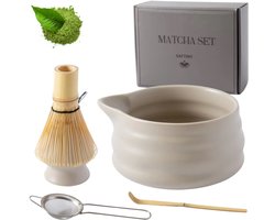 Saftiny® Matcha Set | 5-delig | Beige Set | Matcha Klopper | Thee Set | Starterkit | Duurzaam Cadeau | Japans Ritueel