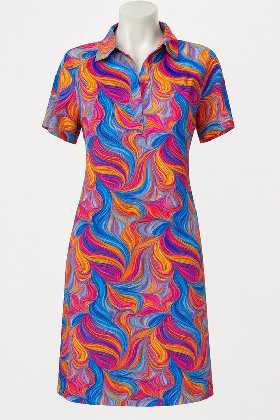 Ann Gissy Jurk met Kraag – Abstracte Print – 3 Maten – Zomerjurk van Stretchstof – Vrouwelijk & Comfortabel