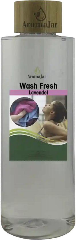 Transparante Aromajar Wash Fresh Lavendel flacon met bamboedop, etiket toont was en een vrouw.