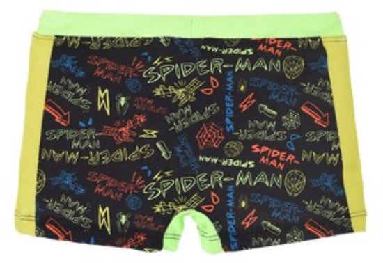 Zwarte zwemboxer met Spiderman print en fluorgroene zijkanten en band.