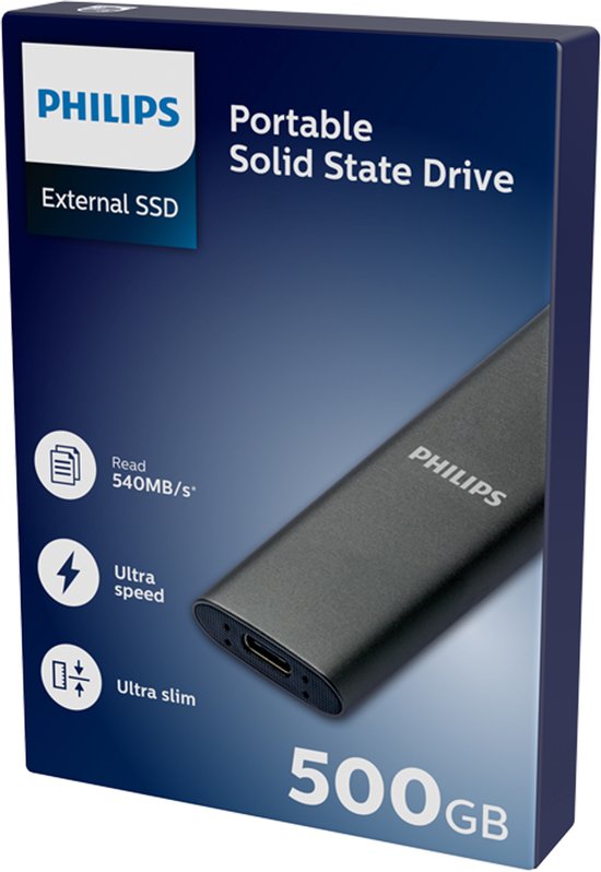 Doos Philips portable SSD 500GB met afbeelding van de SSD, specificaties en '500GB'.