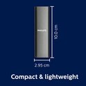 Zwarte Philips externe SSD met afmetingen 10.0 cm en 2.95 cm.