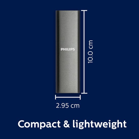 Zwarte Philips externe SSD met afmetingen 10.0 cm en 2.95 cm.