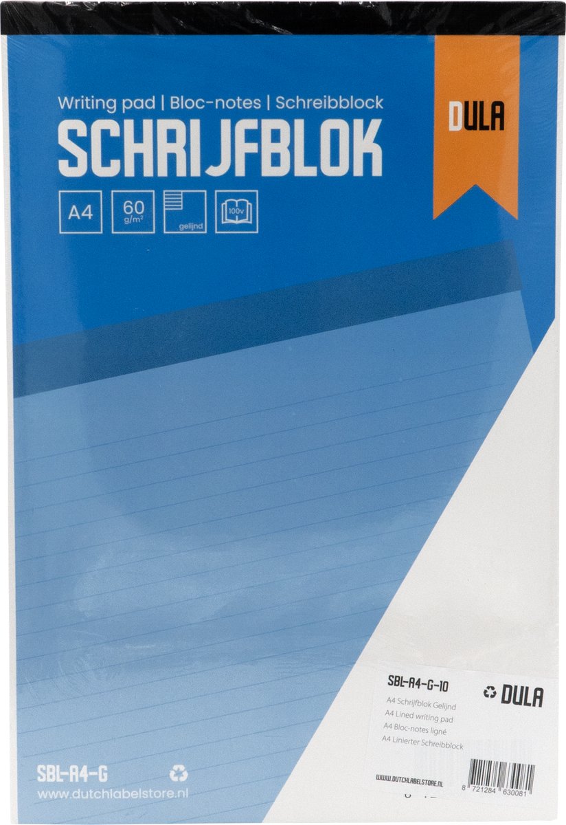 Schrijfblok A4 formaat met lijn 100 vel - Notitieblok gelinieerd - 60 grams papier - 10 stuks - DULA