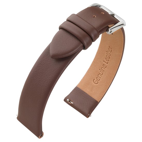 Bracelet de montre en cuir marron avec boucle en acier. L'intérieur est en cuir véritable.