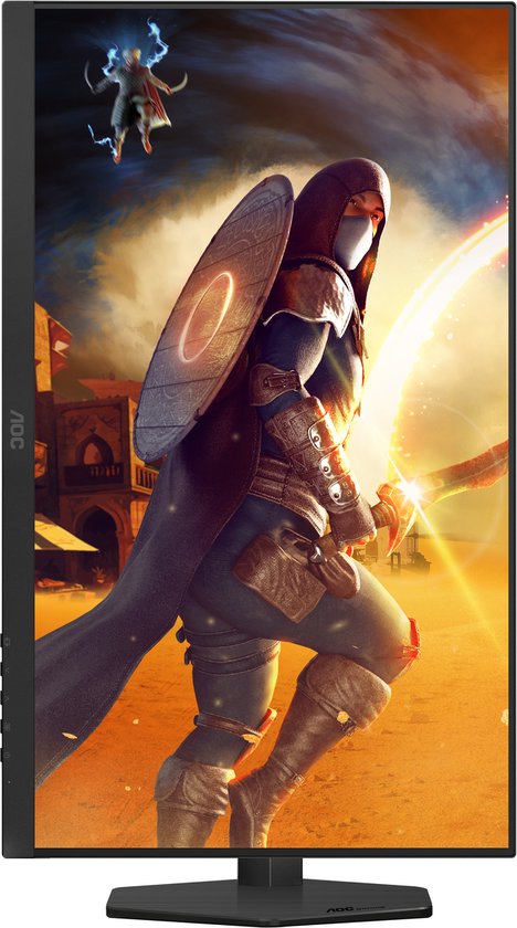 Zijaanzicht van een zwarte AOC gaming monitor met een helder display dat een strijd tussen mythologische figuren toont.