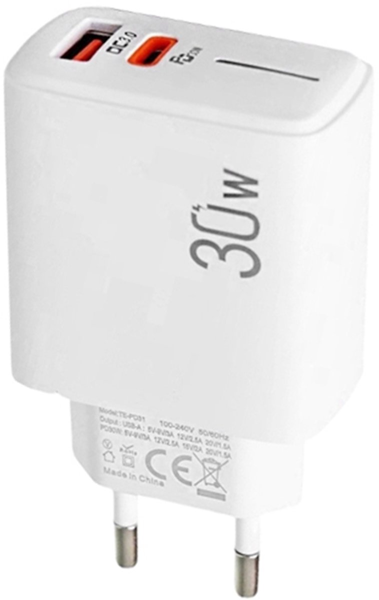 30W USB-C + USB-A Snellader - Multi Protocol Oplader Adapter met PD3.0, PPS, QC3.0 - Geschikt voor telefoons, tablets etc. - wit