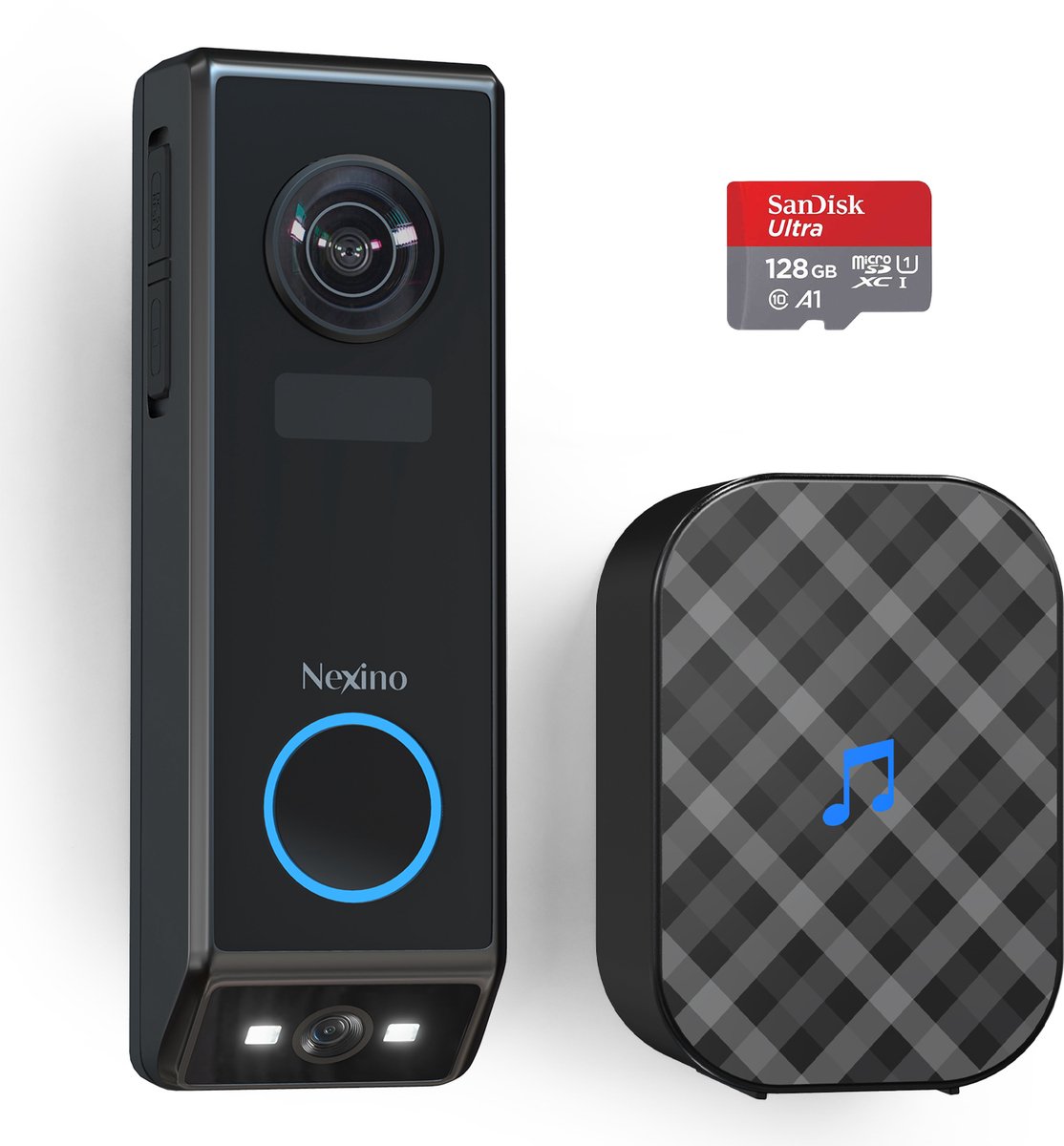 Nexino® Slimme Video Deurbel met Dual Camera - Deurbellen Met Camera - Geen abonnement - Draadloos en Bedraad - Deurbel Draadloos WiFi - Waterdicht - Incl. Gong & 128GB Sandisk SD - 2K Ultra HD