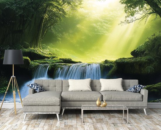 WALLARENA - Fotobehang - 250x175 cm - 3D waterval boslandschap voor slaapkamer en woonkamer