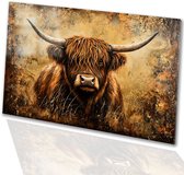 Schotse Hooglander in warme tinten - Hooglander glazen schilderij - Muurdecoratie koe - Realistische kunst - Acrylglas schilderij - Muurdecoratie klassiek - Glasschilderij 75x50 cm