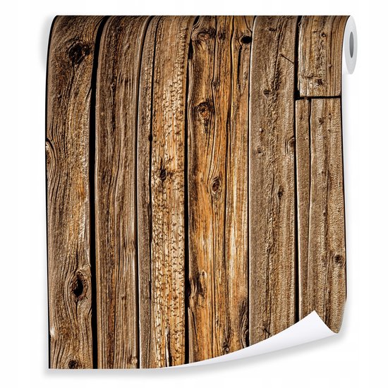 Rouleau de papier peint avec une imitation 3D de vieilles planches de bois patinées.